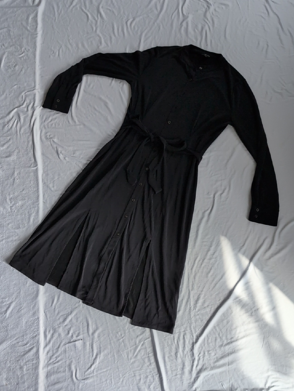 Long-Sleeve Black Button-Front Tie-Waist Midi Dress